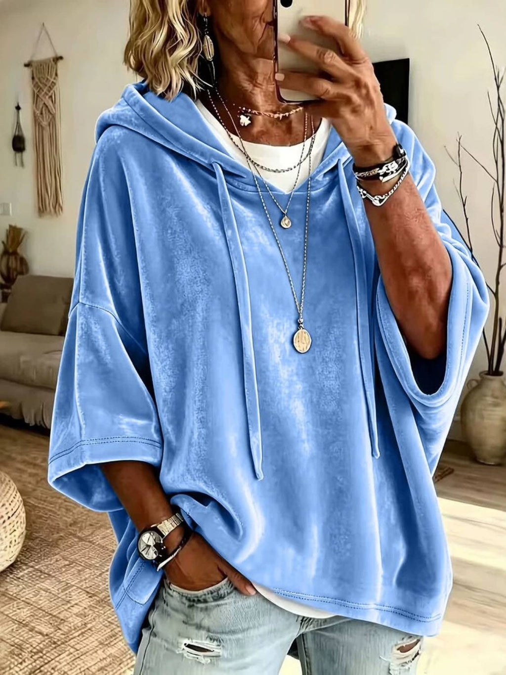 💝💝Women’s 3/4 Sleeves Minimalist Velour Hoodie Top