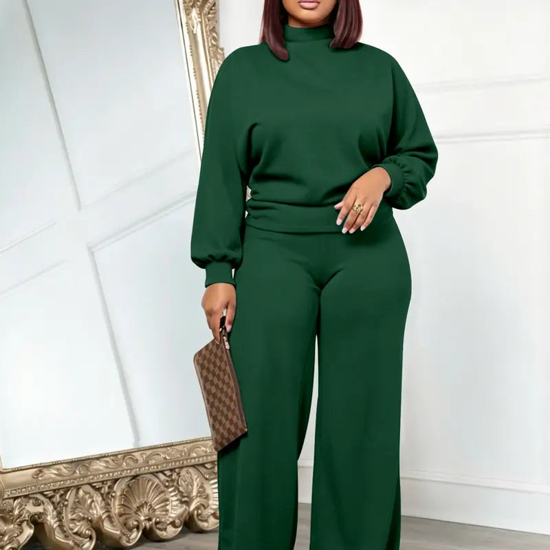 💚USBoutiqueCHIC Women's 2-Piece Milk Silk Fleece Lounge Set - Long Sleeve Top & Wide Leg Pants
