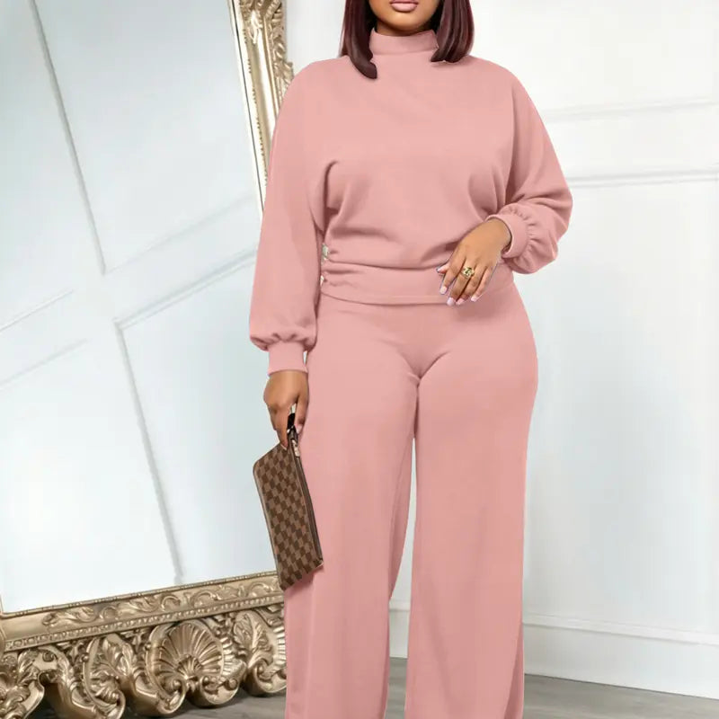 💚USBoutiqueCHIC Women's 2-Piece Milk Silk Fleece Lounge Set - Long Sleeve Top & Wide Leg Pants