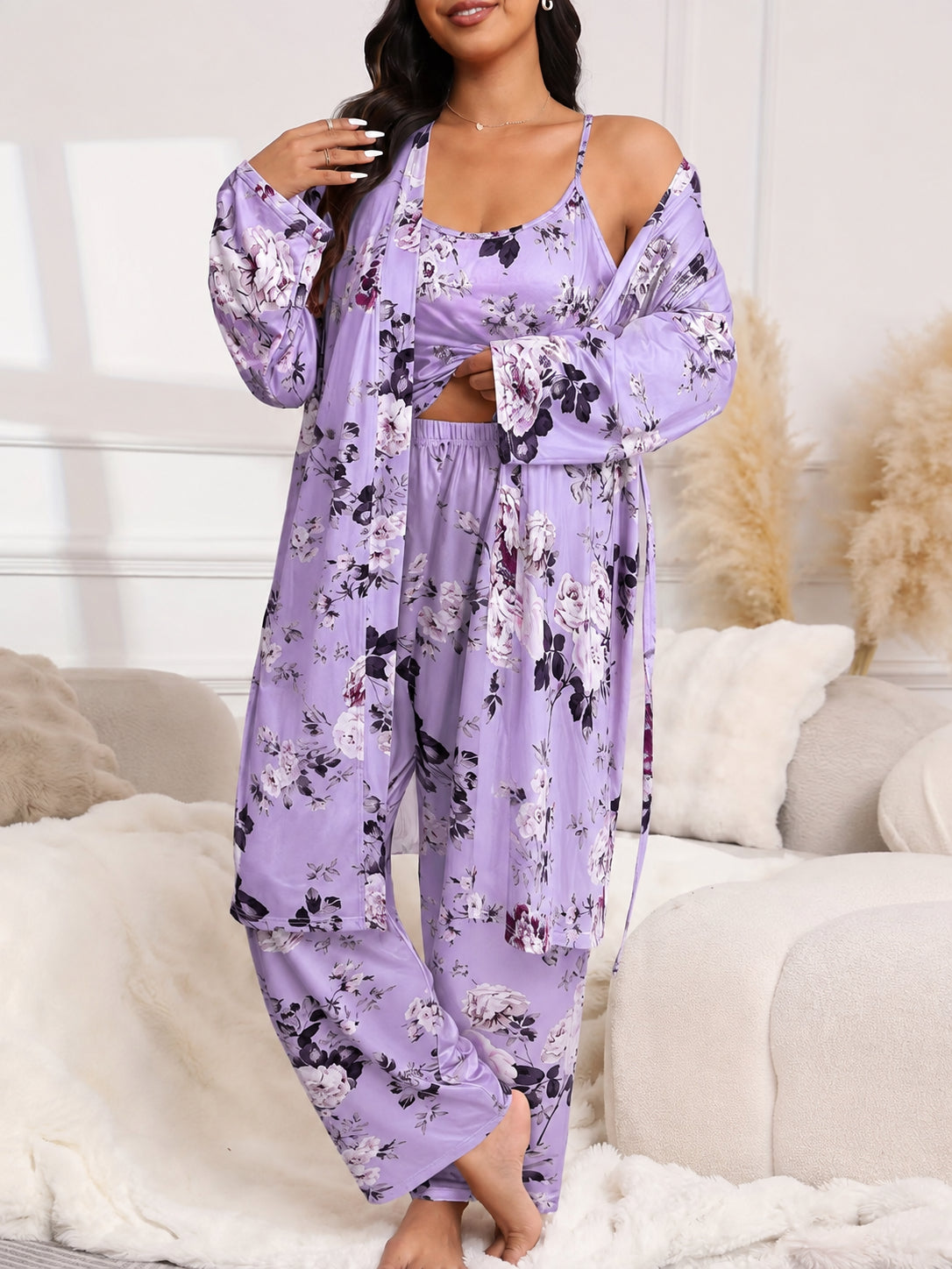 💚Plus Size Floral Cherry 3-Piece Sleepwear Set