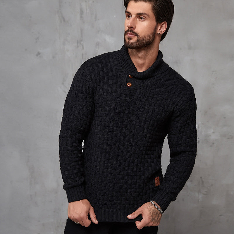💚Men's Regular Textured Patched Detail Shawl Collar Sweater