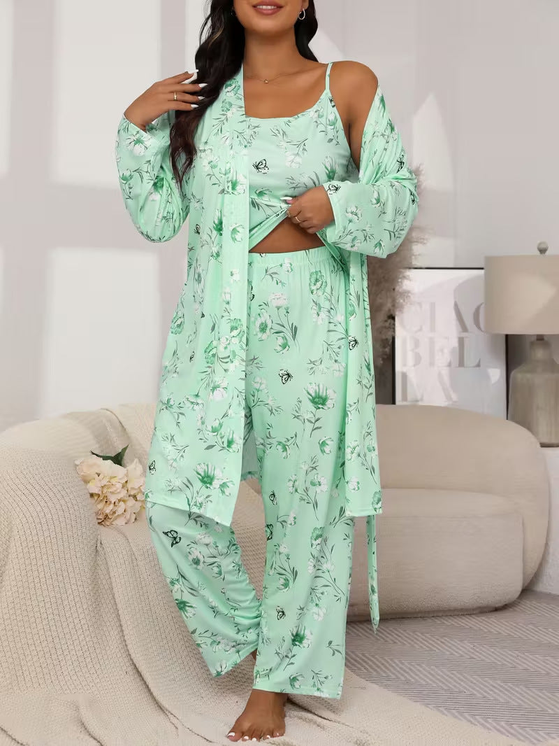💚Plus Size Floral Cherry 3-Piece Sleepwear Set