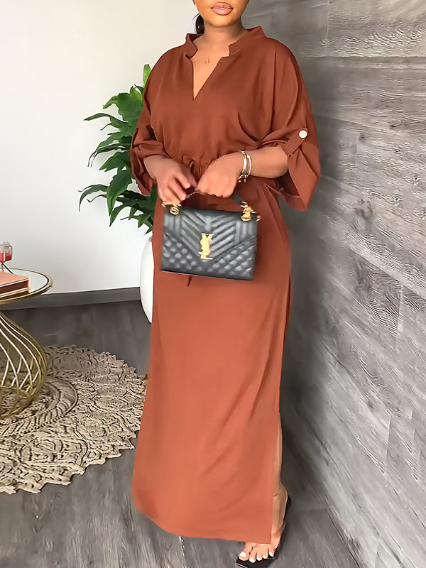 💚Loose Drawstring Solid Color Split-Side V-Neck Maxi Dresses