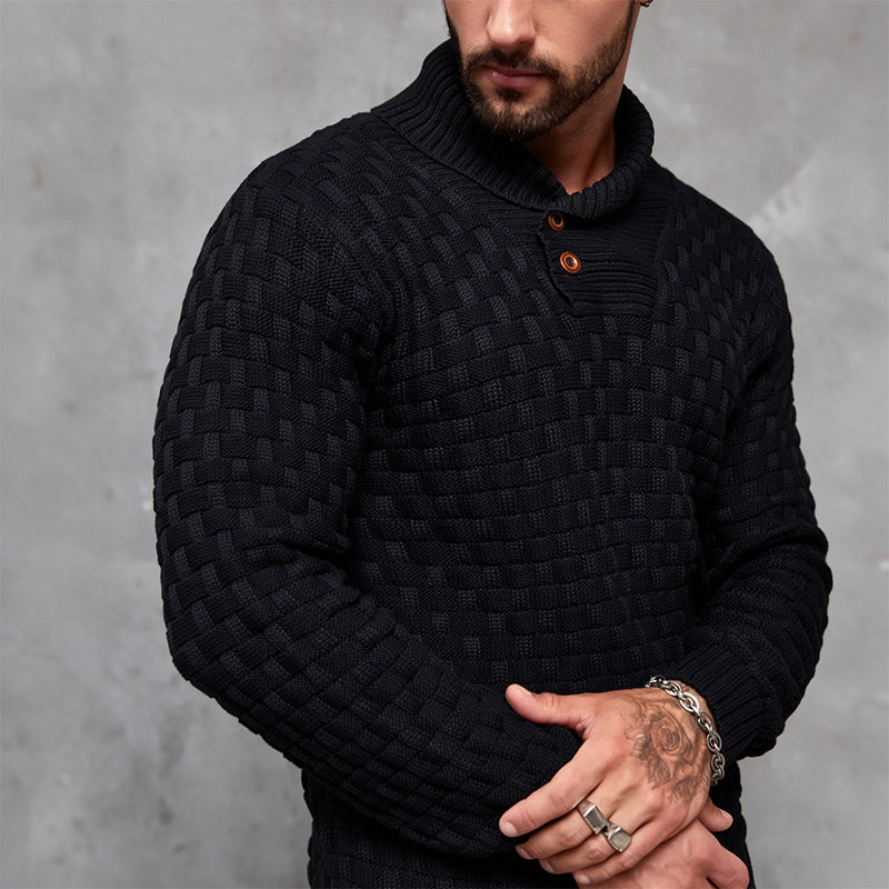 💚Men's Regular Textured Patched Detail Shawl Collar Sweater