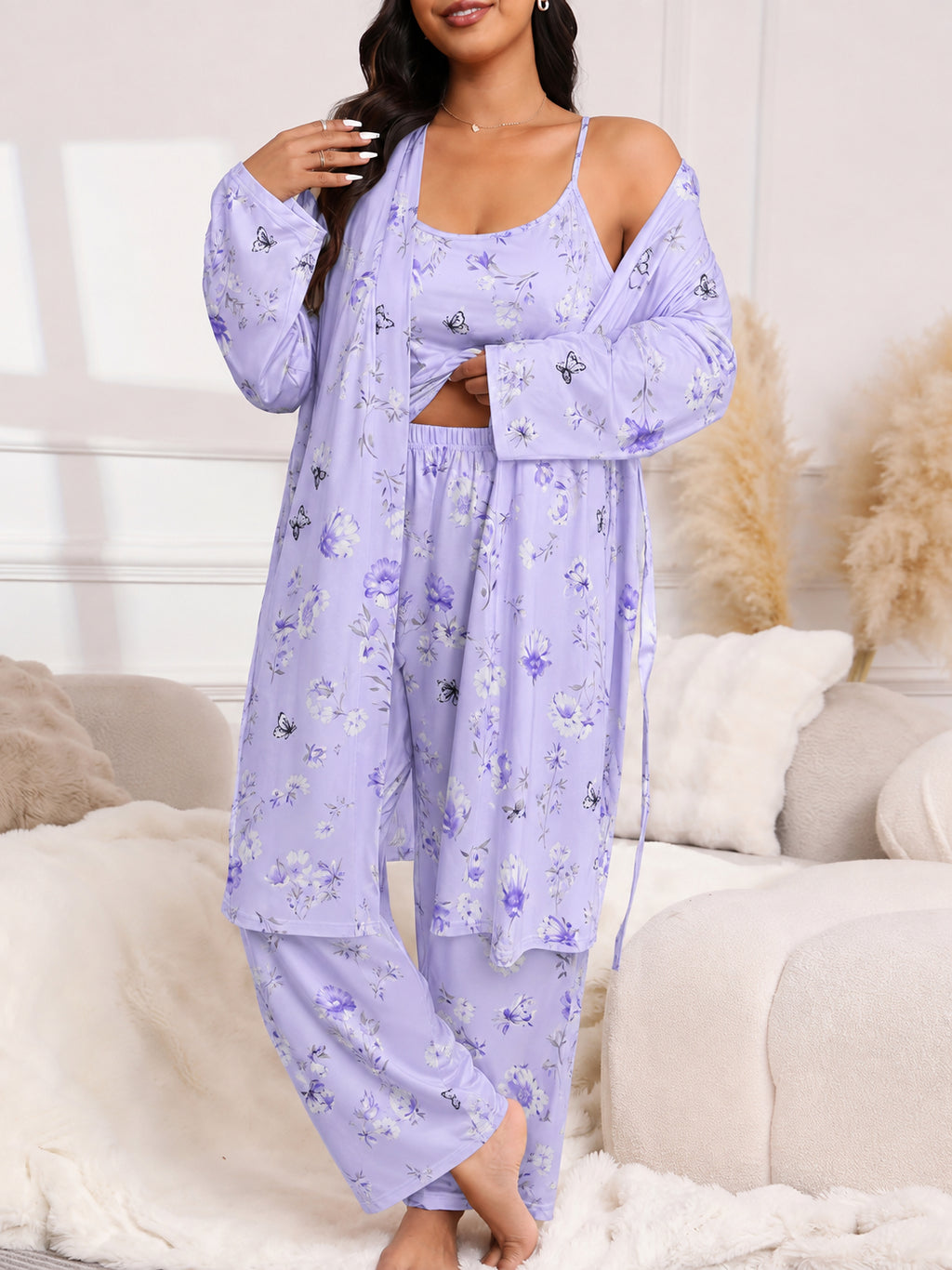 💚Plus Size Floral Cherry 3-Piece Sleepwear Set