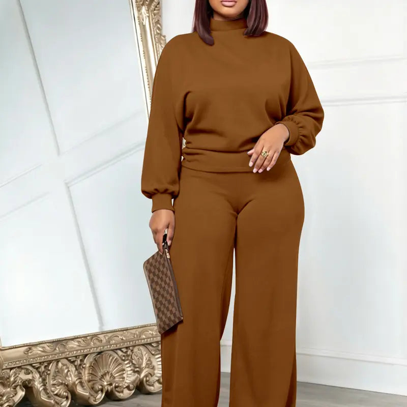 💚USBoutiqueCHIC Women's 2-Piece Milk Silk Fleece Lounge Set - Long Sleeve Top & Wide Leg Pants