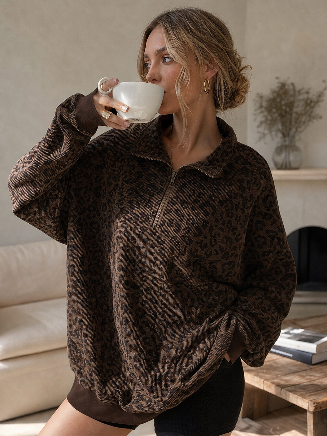 🌸🌸Oversized Half Zip Leopard Print Sweatshirt for Women, Casual Relaxed Fit Top