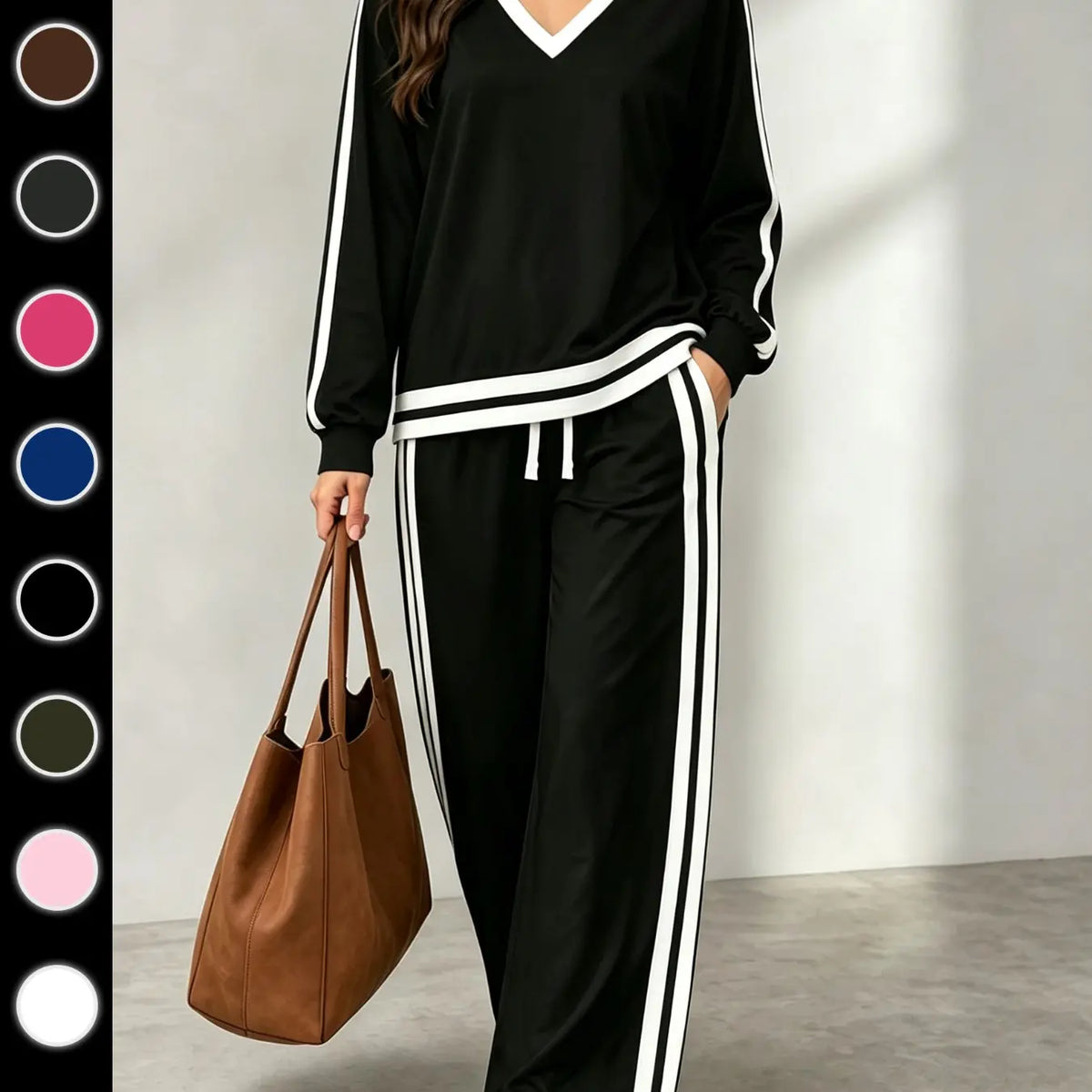 💚Women's Casual Two-Piece Set with V-Neck Long Sleeve T-Shirt and Contrast Stripe Pants | All Seasons Fashion