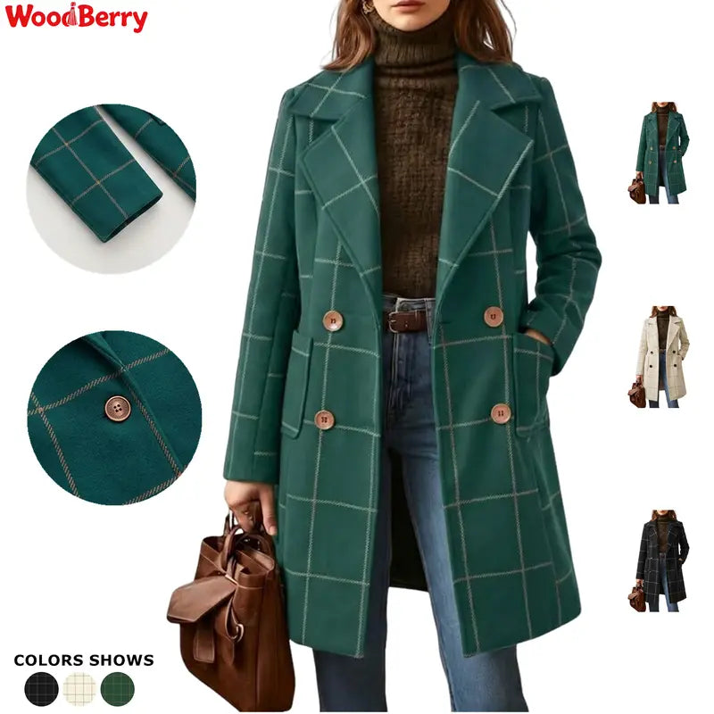 💚WoodBerry Plaid Wool Blend Trench Coat Beige Notch Lapel Mid Long