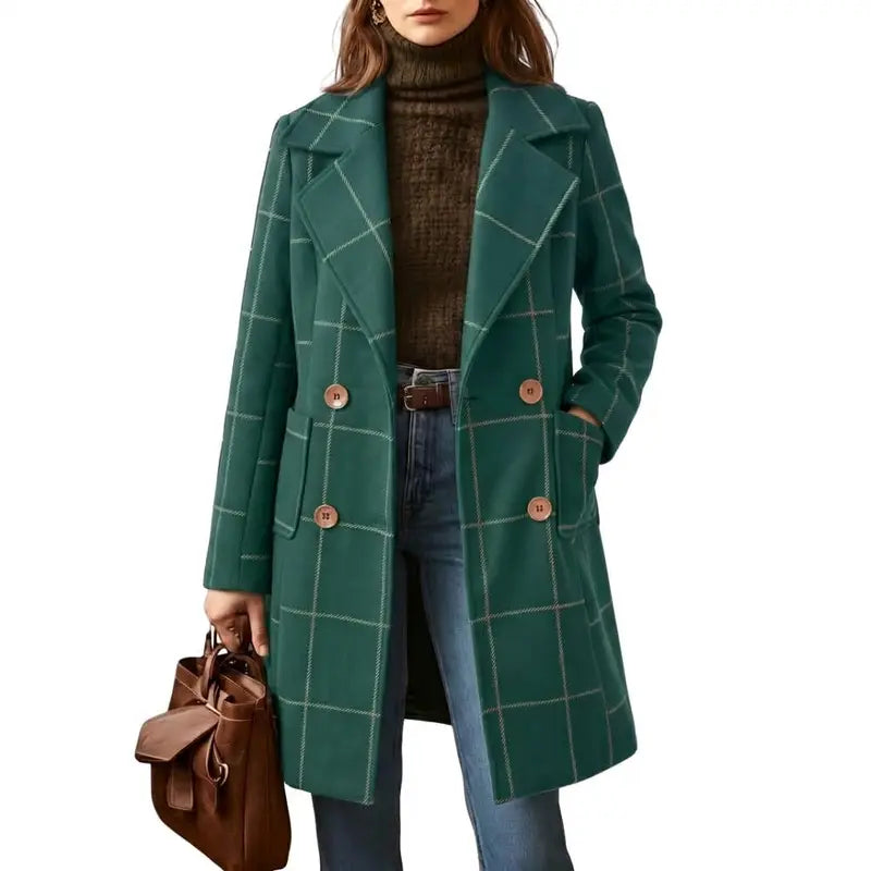 💚WoodBerry Plaid Wool Blend Trench Coat Beige Notch Lapel Mid Long