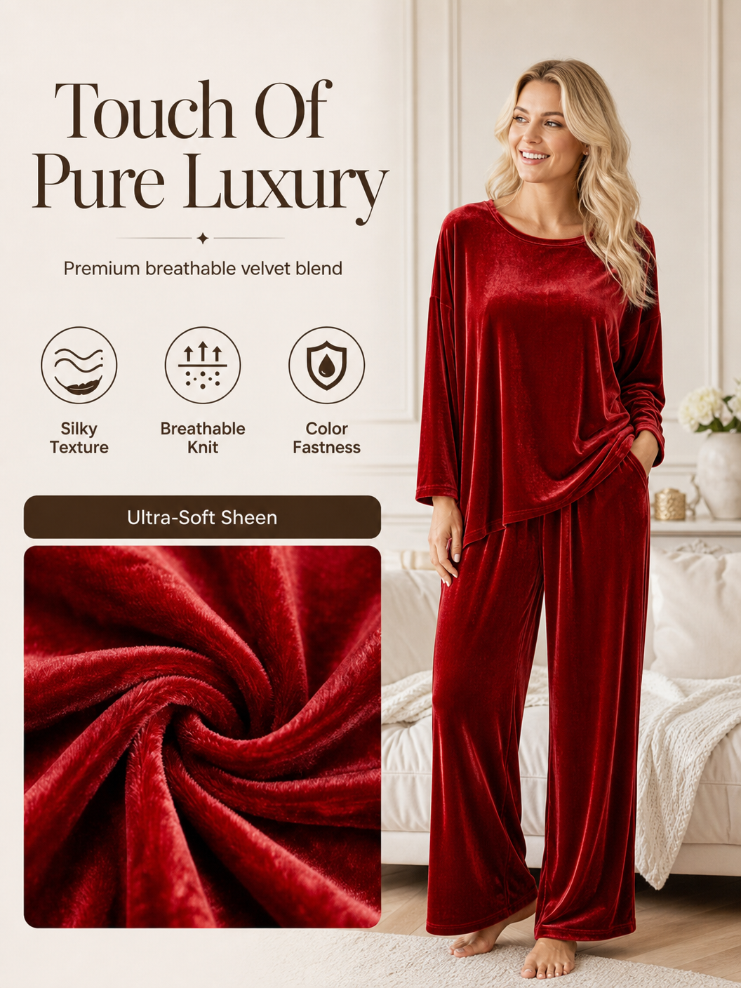 🌸🌸Women Soft Velvet Matching Set - Long Sleeve Top & Wide-Leg Pants✨