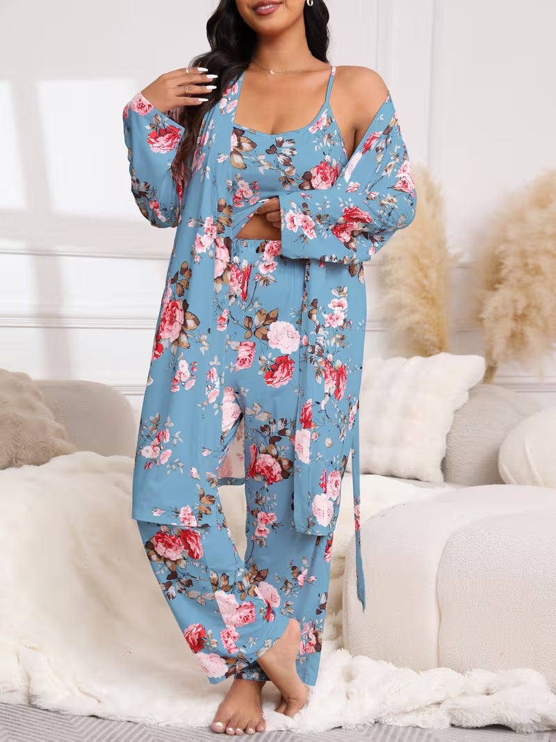 💚Plus Size Floral Cherry 3-Piece Sleepwear Set