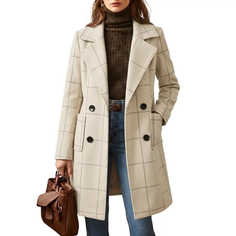 💚WoodBerry Plaid Wool Blend Trench Coat Beige Notch Lapel Mid Long