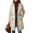 💚WoodBerry Plaid Wool Blend Trench Coat Beige Notch Lapel Mid Long