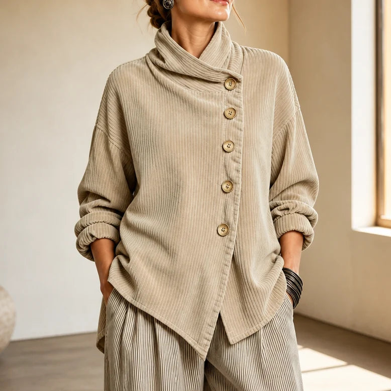 💝💝Chic High Funnel Neck Asymmetric Corduroy Top