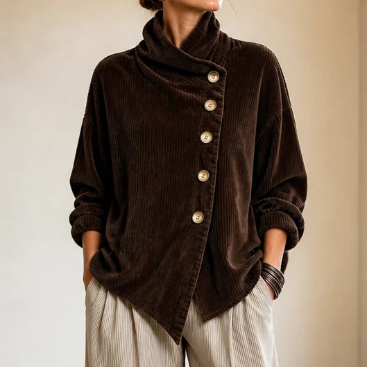 💝💝Chic High Funnel Neck Asymmetric Corduroy Top