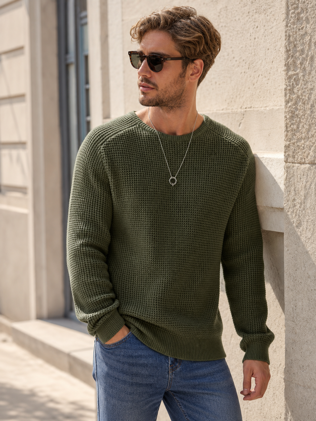 🌸🌸Limited Offer BESTSELLER | 8PCS $24.63 | Men's Relaxed Oversized Waffle Knit Crew Pullover✨