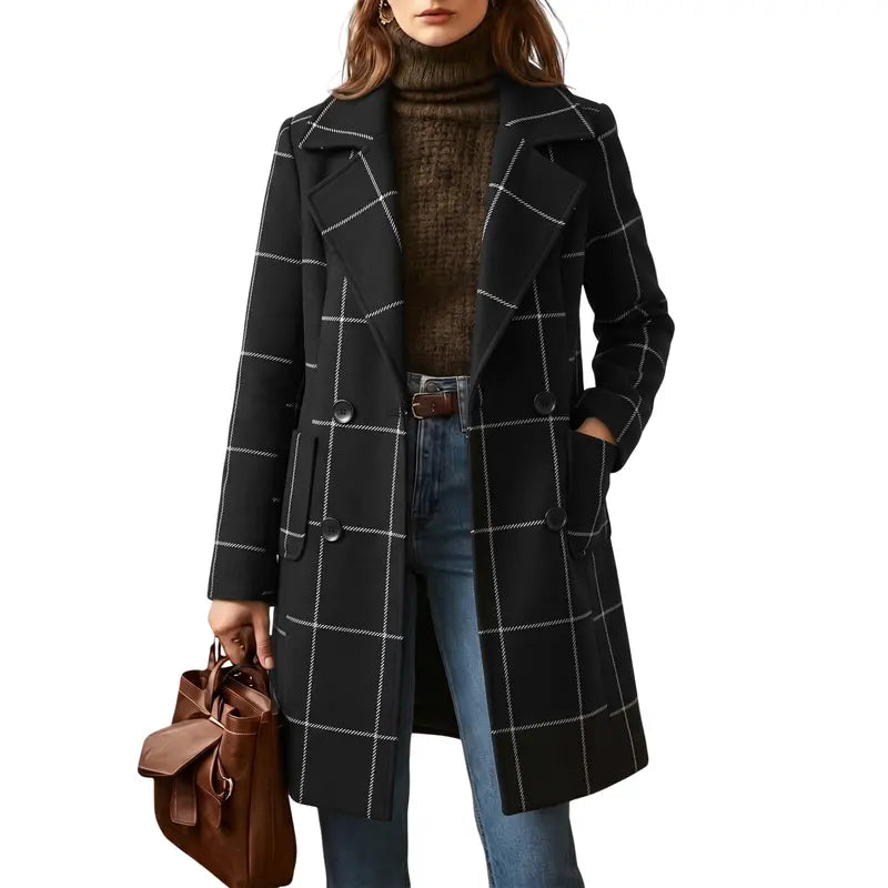 💚WoodBerry Plaid Wool Blend Trench Coat Beige Notch Lapel Mid Long