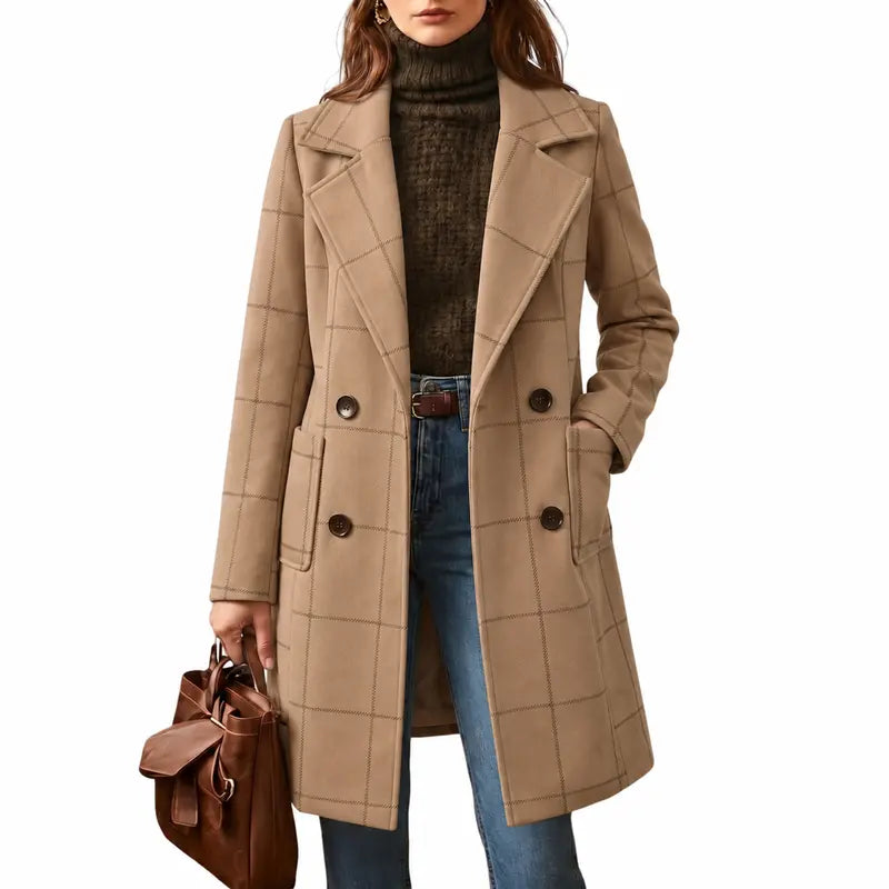 💚WoodBerry Plaid Wool Blend Trench Coat Beige Notch Lapel Mid Long