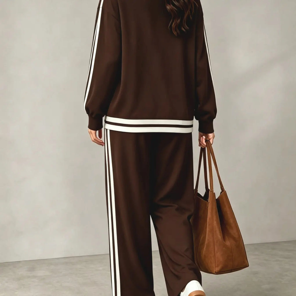 💚Women's Casual Two-Piece Set with V-Neck Long Sleeve T-Shirt and Contrast Stripe Pants | All Seasons Fashion