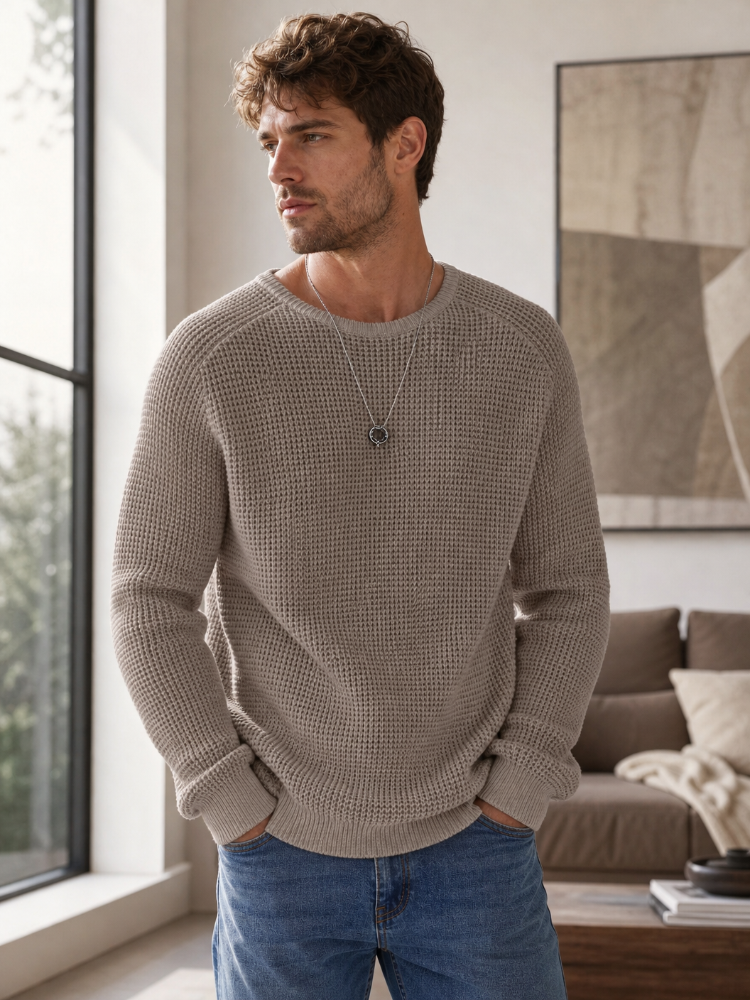 🌸🌸Limited Offer BESTSELLER | 8PCS $24.63 | Men's Relaxed Oversized Waffle Knit Crew Pullover✨