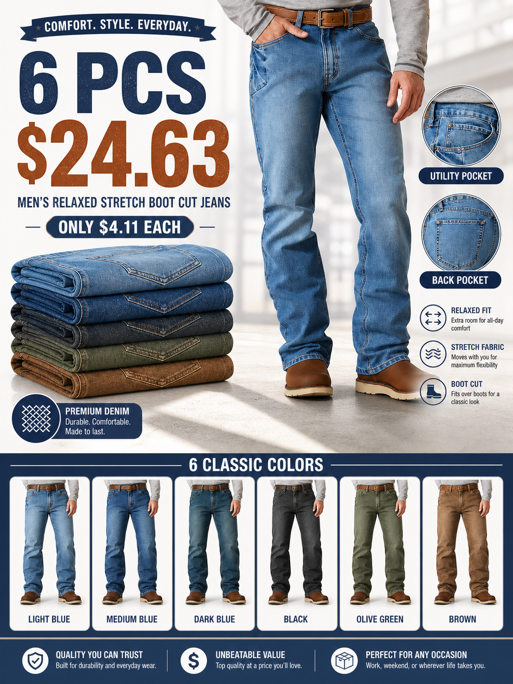 🌸🌸🔥BESTSELLER | 6PCS $24.63 | Men Relaxed Stretch Boot Cut Work Denim Jeans