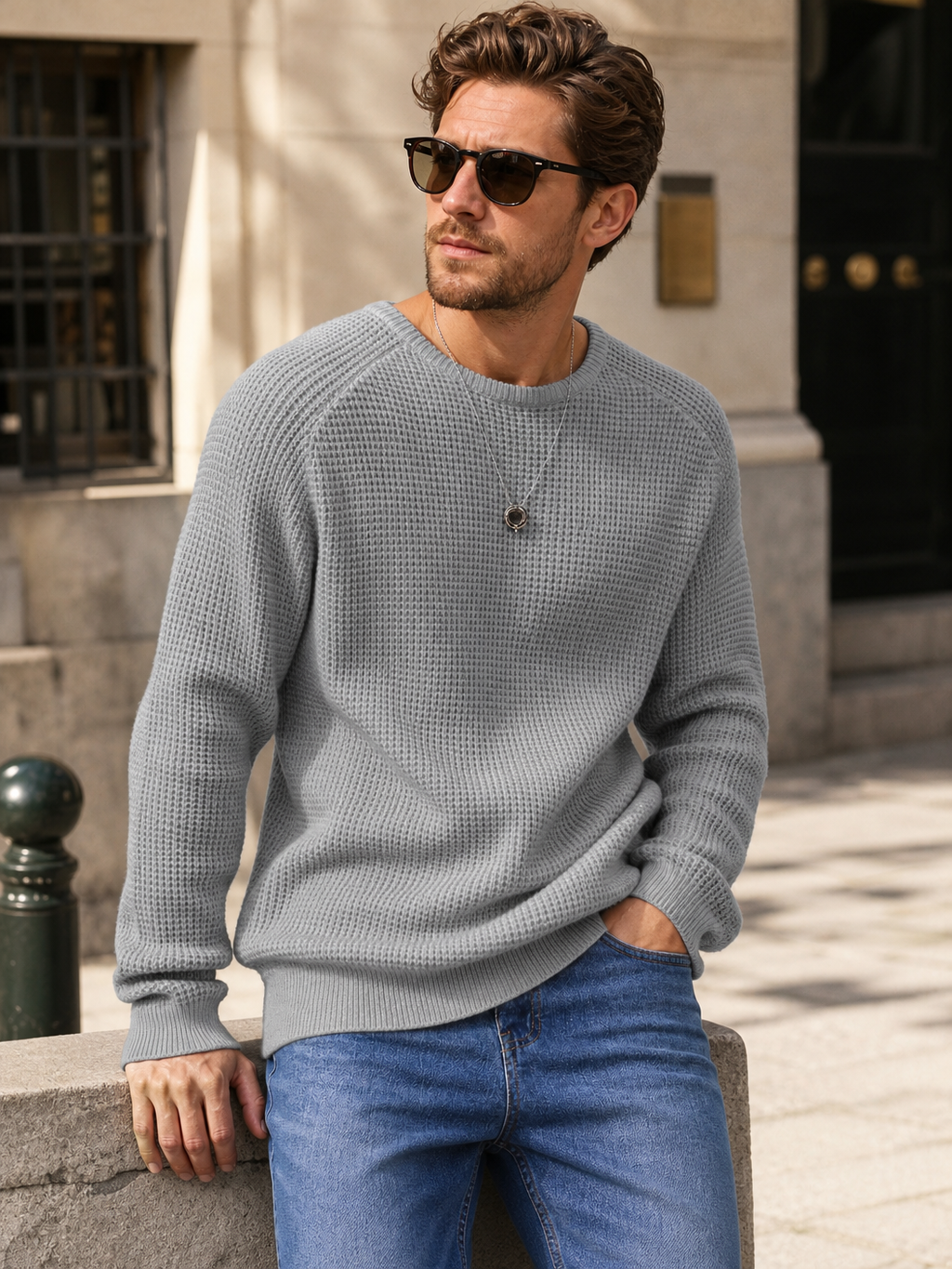 🌸🌸Limited Offer BESTSELLER | 8PCS $24.63 | Men's Relaxed Oversized Waffle Knit Crew Pullover✨