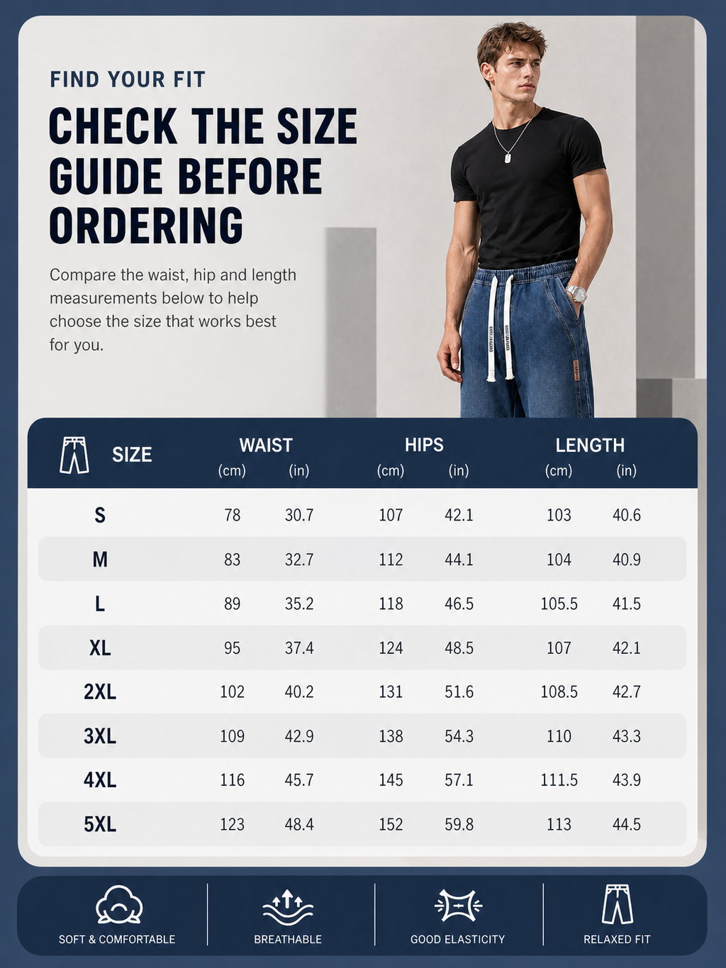 🌸🌸6PCS Bundle $24.63 Special Deal Men's Stretch Cotton Loose Fit Drawstring Waist Jeans, Comfort Pull-On Denim Pants