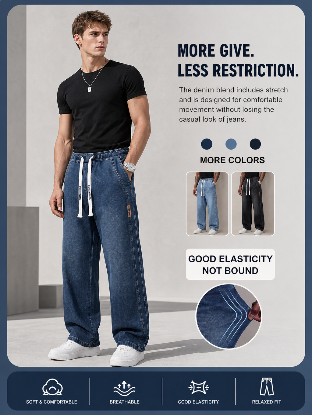 🌸🌸6PCS Bundle $24.63 Special Deal Men's Stretch Cotton Loose Fit Drawstring Waist Jeans, Comfort Pull-On Denim Pants