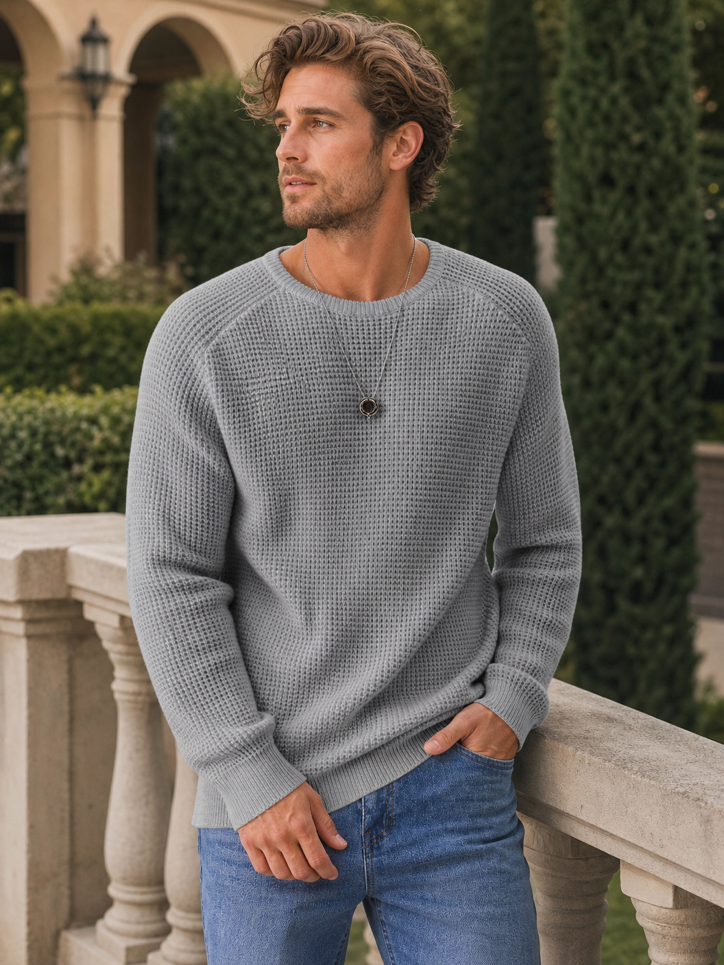🌸🌸Limited Offer BESTSELLER | 8PCS $24.63 | Men's Relaxed Oversized Waffle Knit Crew Pullover✨