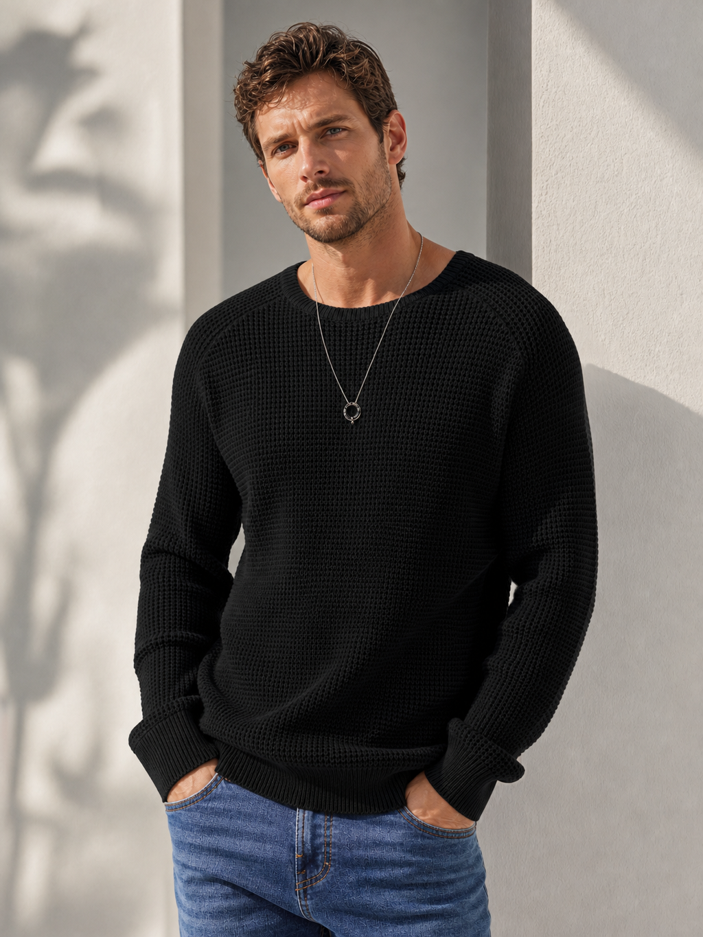 🌸🌸Limited Offer BESTSELLER | 8PCS $24.63 | Men's Relaxed Oversized Waffle Knit Crew Pullover✨