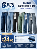 🌸🌸6PCS Bundle $24.63 Special Deal Men's Stretch Cotton Loose Fit Drawstring Waist Jeans, Comfort Pull-On Denim Pants