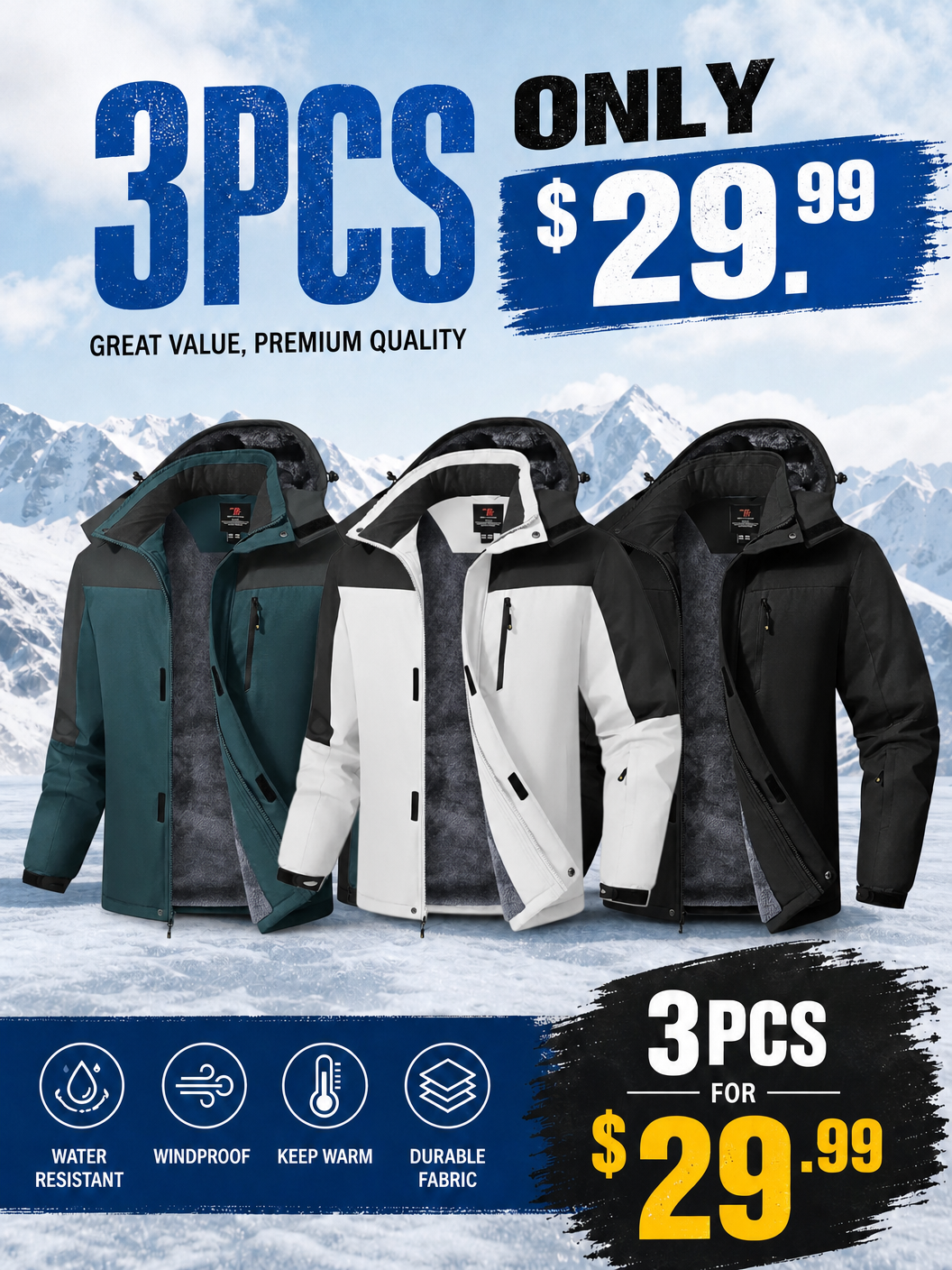 🌸🌸Men’s Winter Ski Snow Jacket Waterproof Windproof Fleece Lined