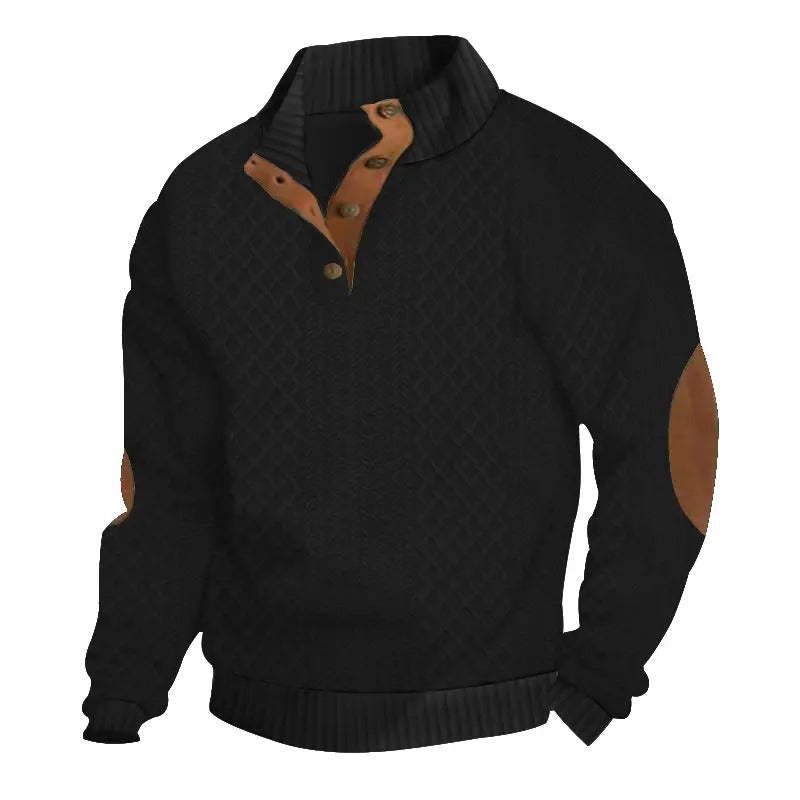 🌿🌿LAST DAY SAVE 49%⌛Men's Stand Collar Jacquard Knit Sweater, Micro Stretch 100% Polyester Elbow Patch Long Sleeve Top