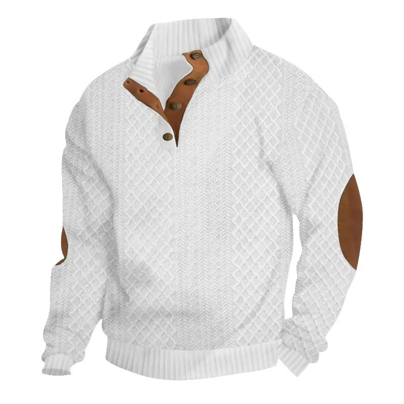 🌿🌿LAST DAY SAVE 49%⌛Men's Stand Collar Jacquard Knit Sweater, Micro Stretch 100% Polyester Elbow Patch Long Sleeve Top