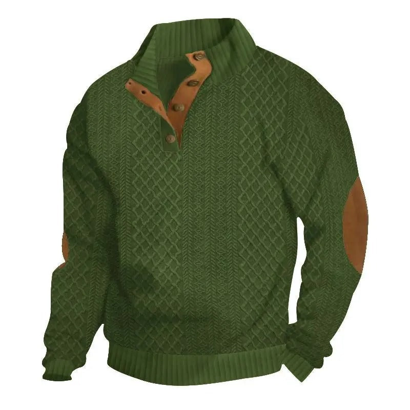 🌿🌿LAST DAY SAVE 49%⌛Men's Stand Collar Jacquard Knit Sweater, Micro Stretch 100% Polyester Elbow Patch Long Sleeve Top