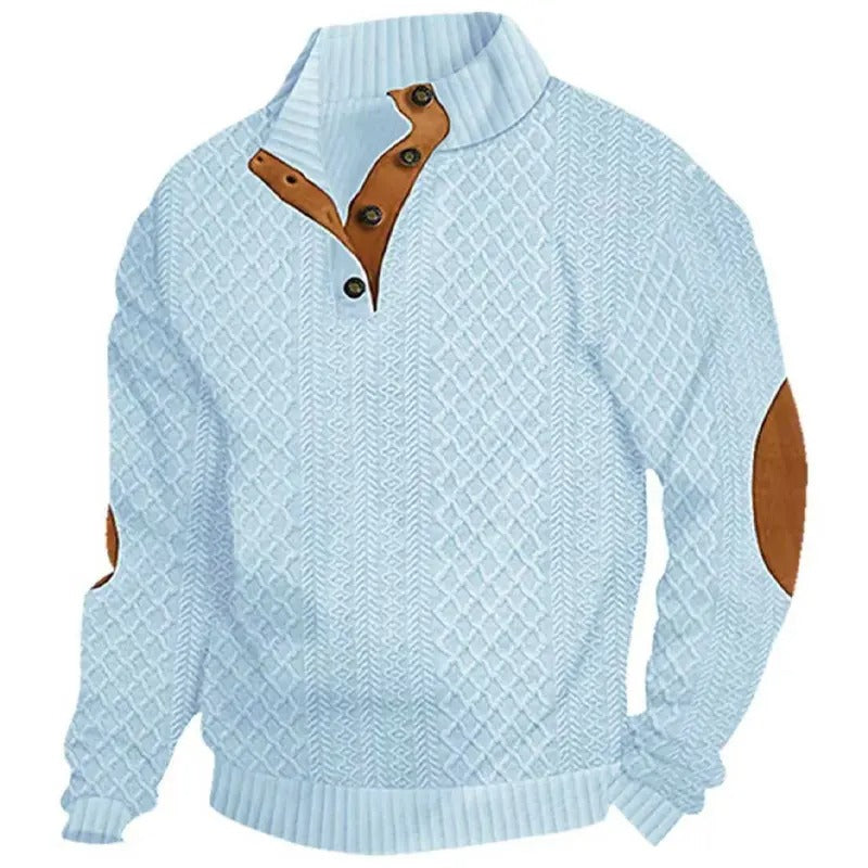 🌿🌿LAST DAY SAVE 49%⌛Men's Stand Collar Jacquard Knit Sweater, Micro Stretch 100% Polyester Elbow Patch Long Sleeve Top