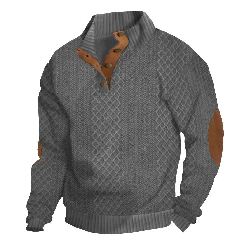 🌿🌿LAST DAY SAVE 49%⌛Men's Stand Collar Jacquard Knit Sweater, Micro Stretch 100% Polyester Elbow Patch Long Sleeve Top