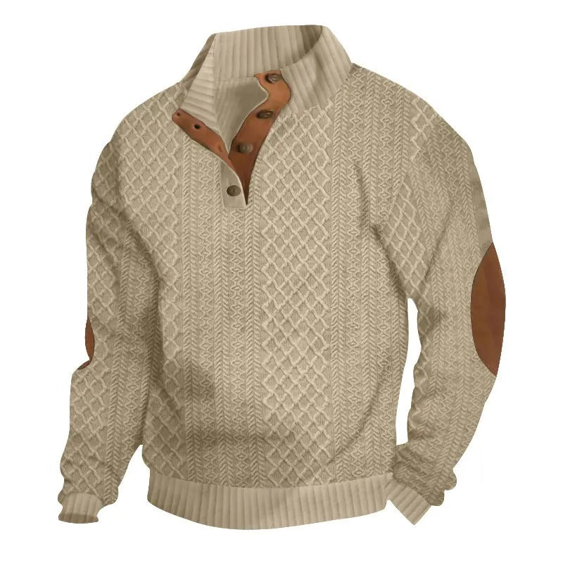 🌿🌿LAST DAY SAVE 49%⌛Men's Stand Collar Jacquard Knit Sweater, Micro Stretch 100% Polyester Elbow Patch Long Sleeve Top