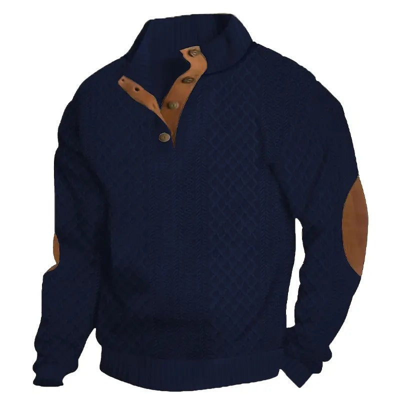 🌿🌿LAST DAY SAVE 49%⌛Men's Stand Collar Jacquard Knit Sweater, Micro Stretch 100% Polyester Elbow Patch Long Sleeve Top