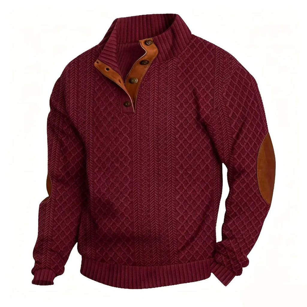 🌿🌿LAST DAY SAVE 49%⌛Men's Stand Collar Jacquard Knit Sweater, Micro Stretch 100% Polyester Elbow Patch Long Sleeve Top