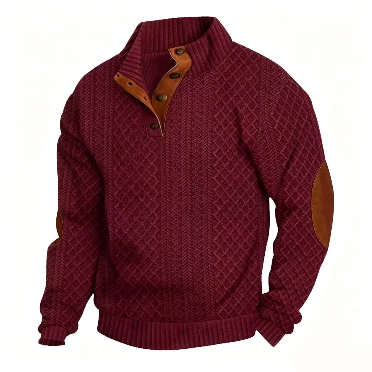 🌿🌿LAST DAY SAVE 49%⌛Men's Stand Collar Jacquard Knit Sweater, Micro Stretch 100% Polyester Elbow Patch Long Sleeve Top