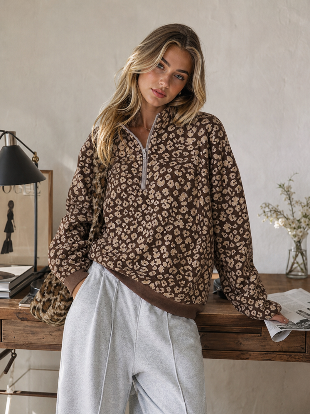 🌸🌸Oversized Half Zip Leopard Print Sweatshirt for Women, Casual Relaxed Fit Top