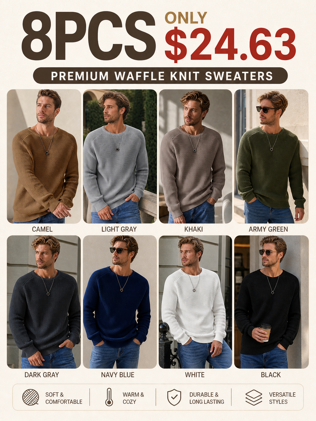 🌸🌸Limited Offer BESTSELLER | 8PCS $24.63 | Men's Relaxed Oversized Waffle Knit Crew Pullover✨