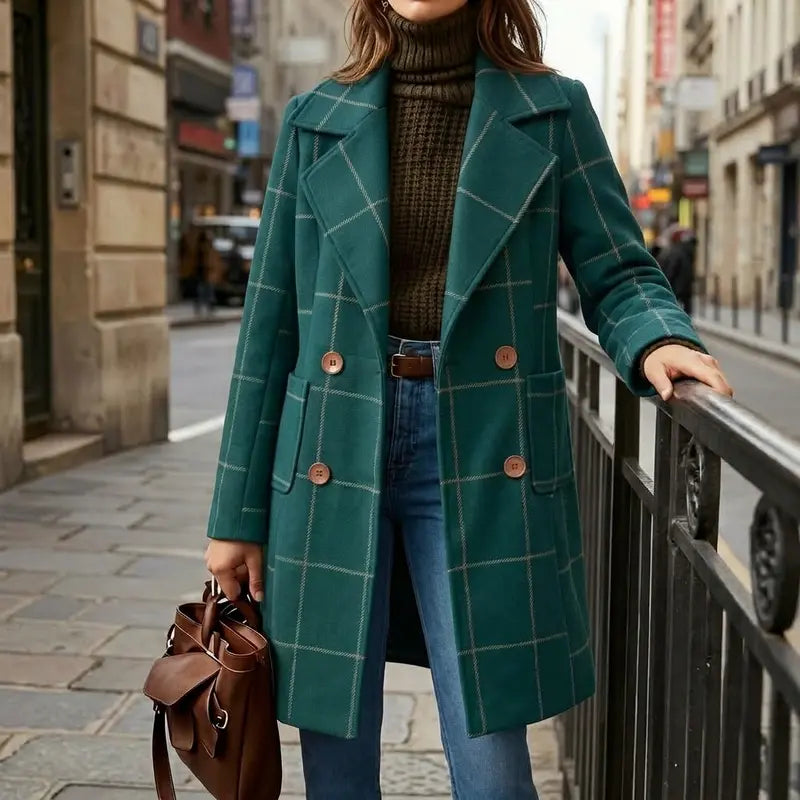 💚WoodBerry Plaid Wool Blend Trench Coat Beige Notch Lapel Mid Long