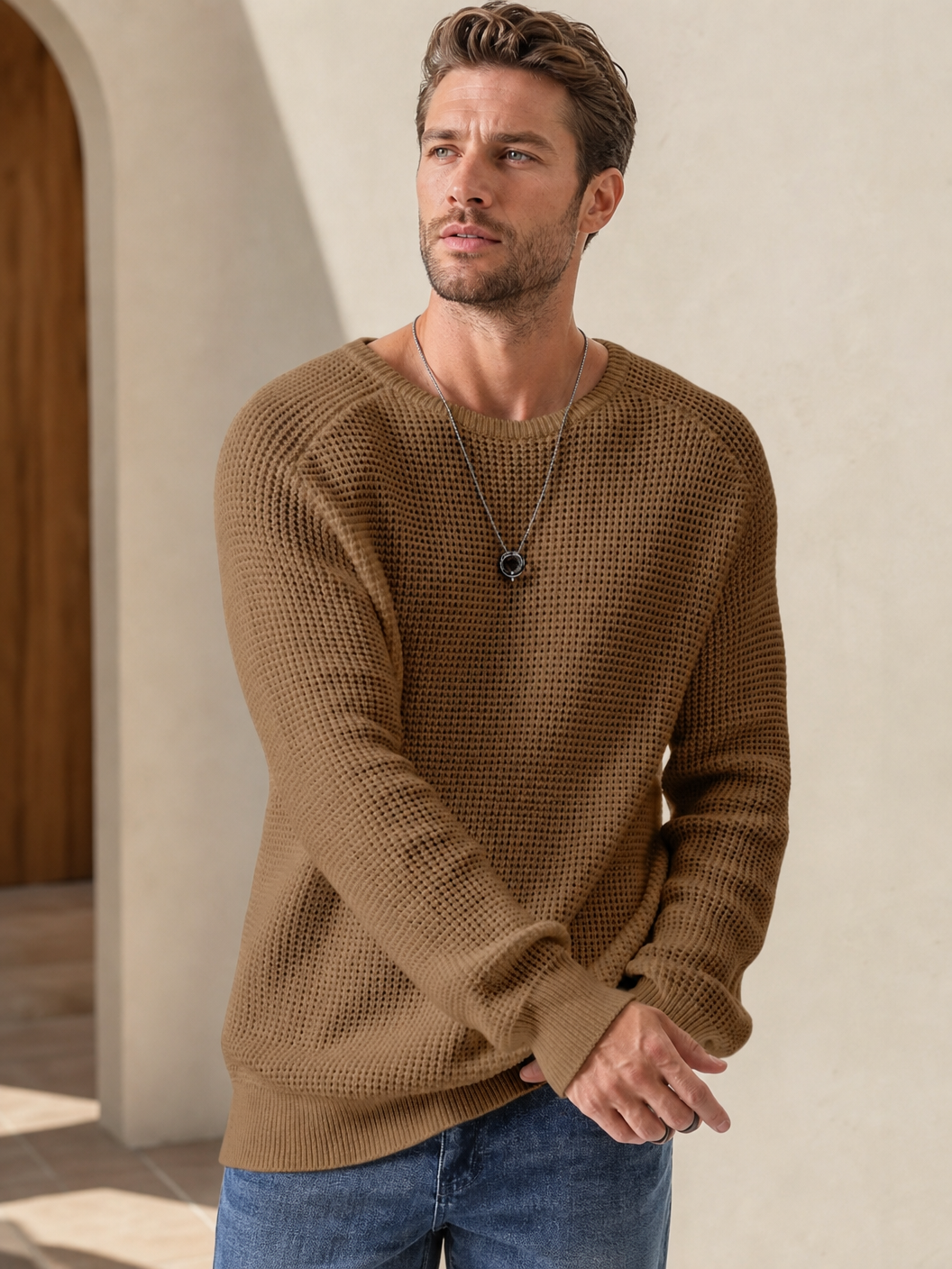 🌸🌸Limited Offer BESTSELLER | 8PCS $24.63 | Men's Relaxed Oversized Waffle Knit Crew Pullover✨