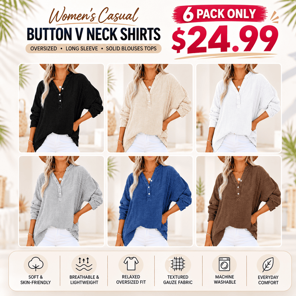 💝💝Womens Casual Button V Neck Long Sleeve Shirts Oversized Solid Blouses Tops