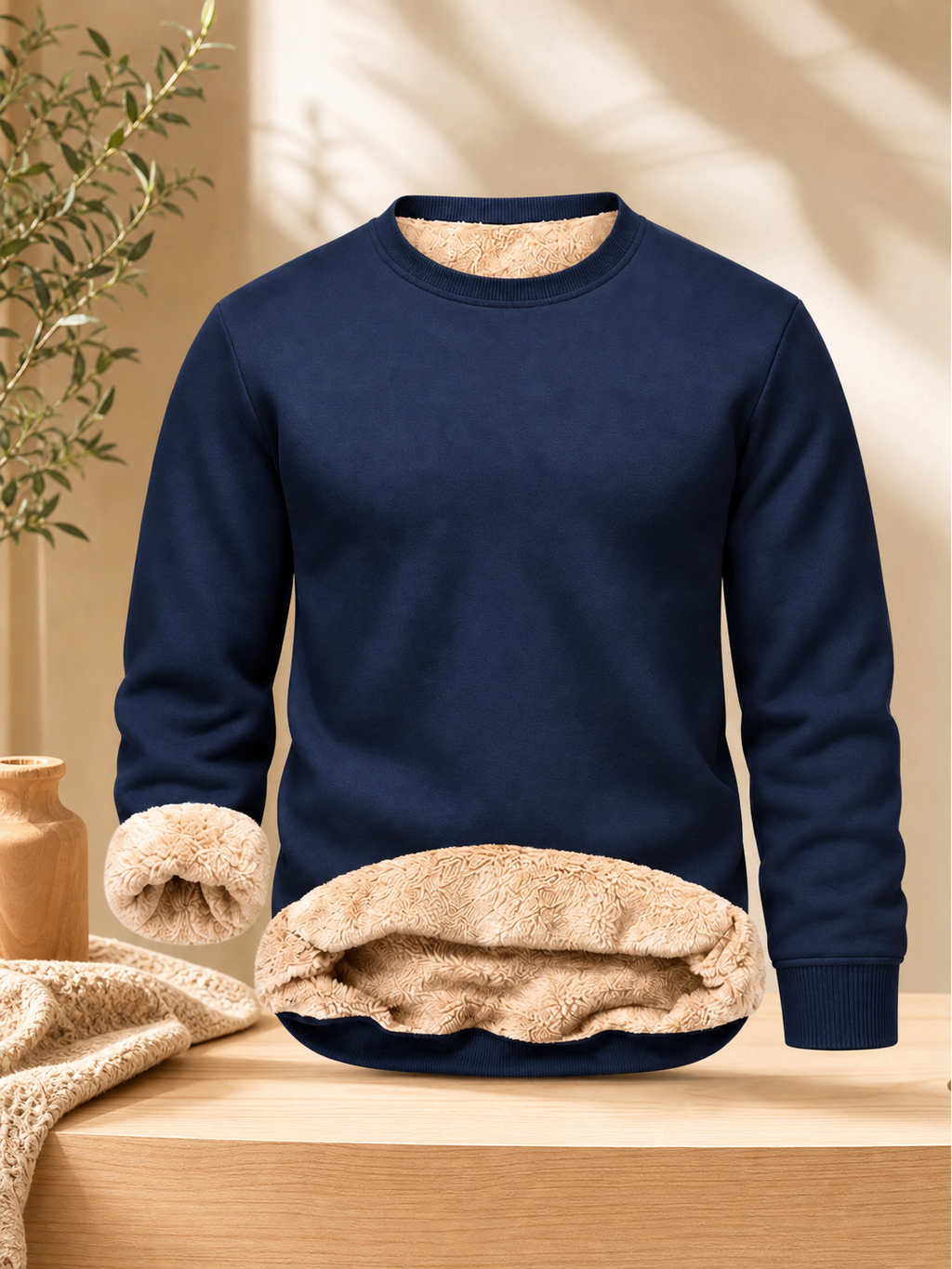 🌸🌸Men's Fitted Crewneck Sherpa Lined Sweatshirt, Wind Resistant Polyester Athletic Pullover Casual Top