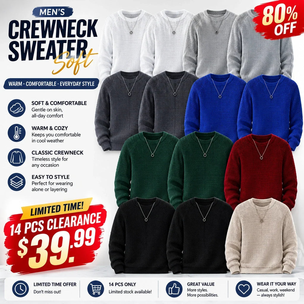 🌿🌿Limited-Time Offer🎁Men's Crewneck Sweater Soft Casual Sweaters Classic Long Sleeve Pullover Sweaters with Ribbing Edge