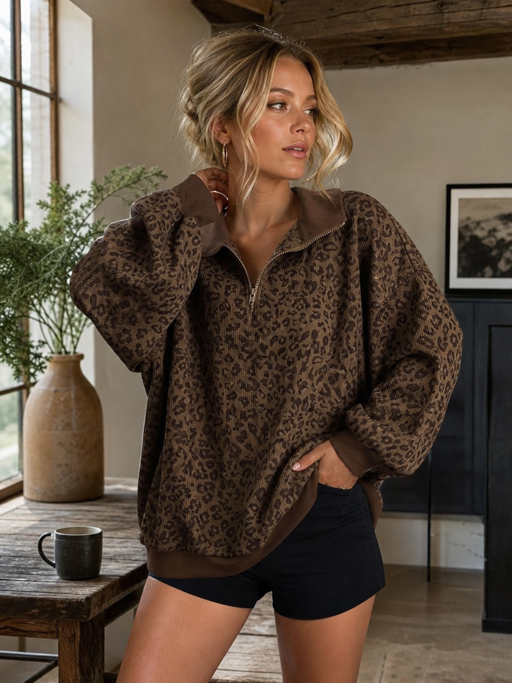 🌸🌸Oversized Half Zip Leopard Print Sweatshirt for Women, Casual Relaxed Fit Top